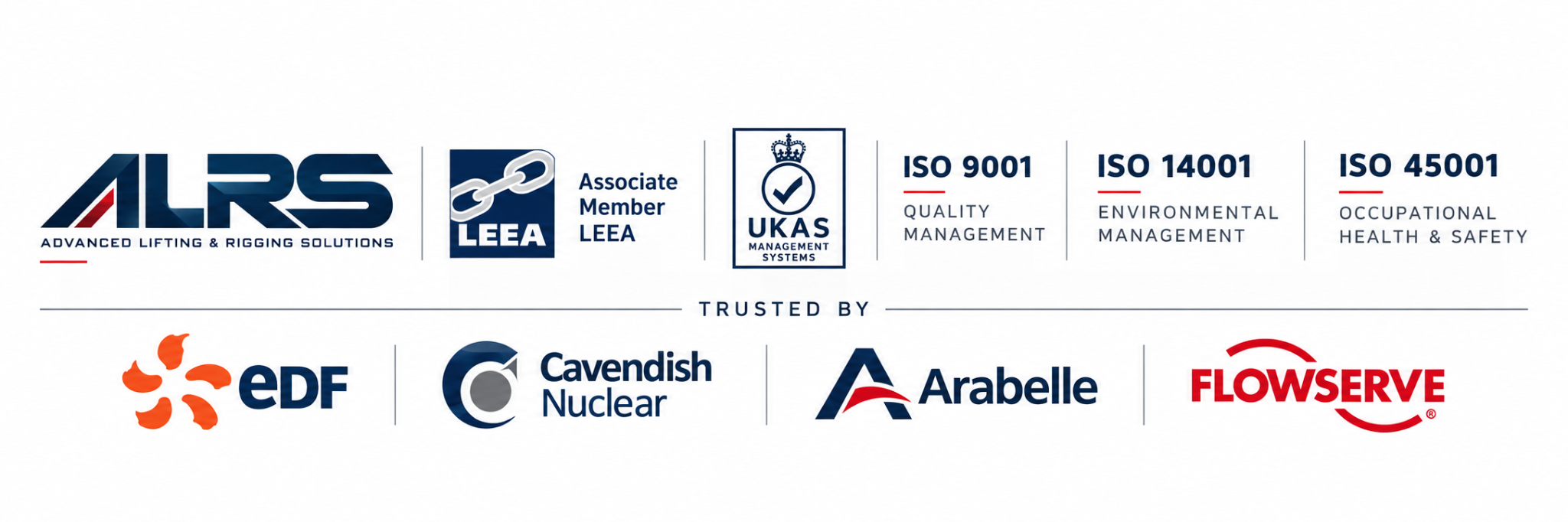 ALRS logo, LEEA Associate Member, UKAS Management Systems, ISO 9001, ISO 14001, ISO 45001, and trusted by EDF, Cavendish Nuclear, Arabelle and Flowserve