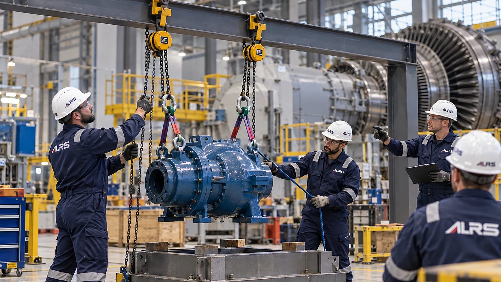 AI-generated illustration of ALRS specialists using two chain blocks to position a heavy industrial pump in a turbine workshop