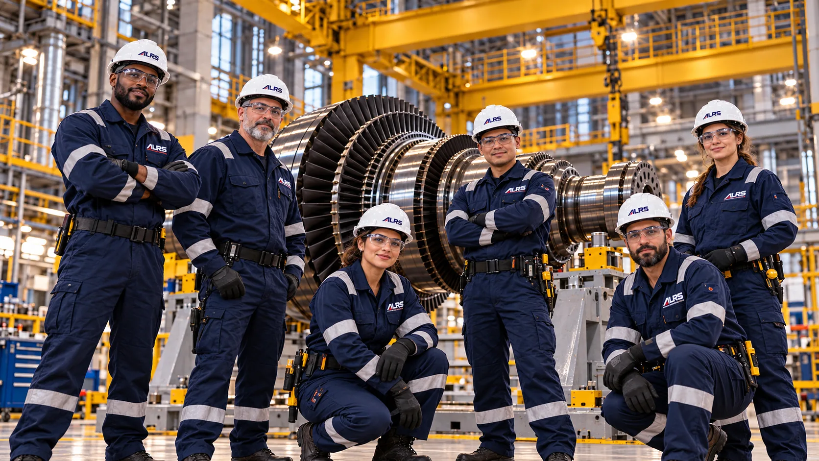 AI-generated illustrative portrait of a diverse team in ALRS-branded PPE beside a turbine rotor