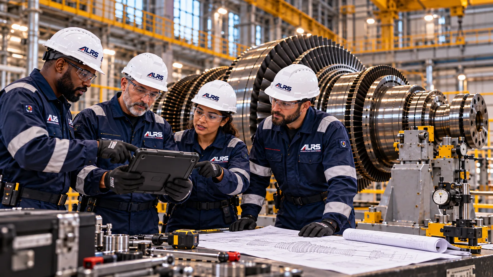 AI-generated illustration of ALRS-branded engineers reviewing technical documents beside a turbine rotor