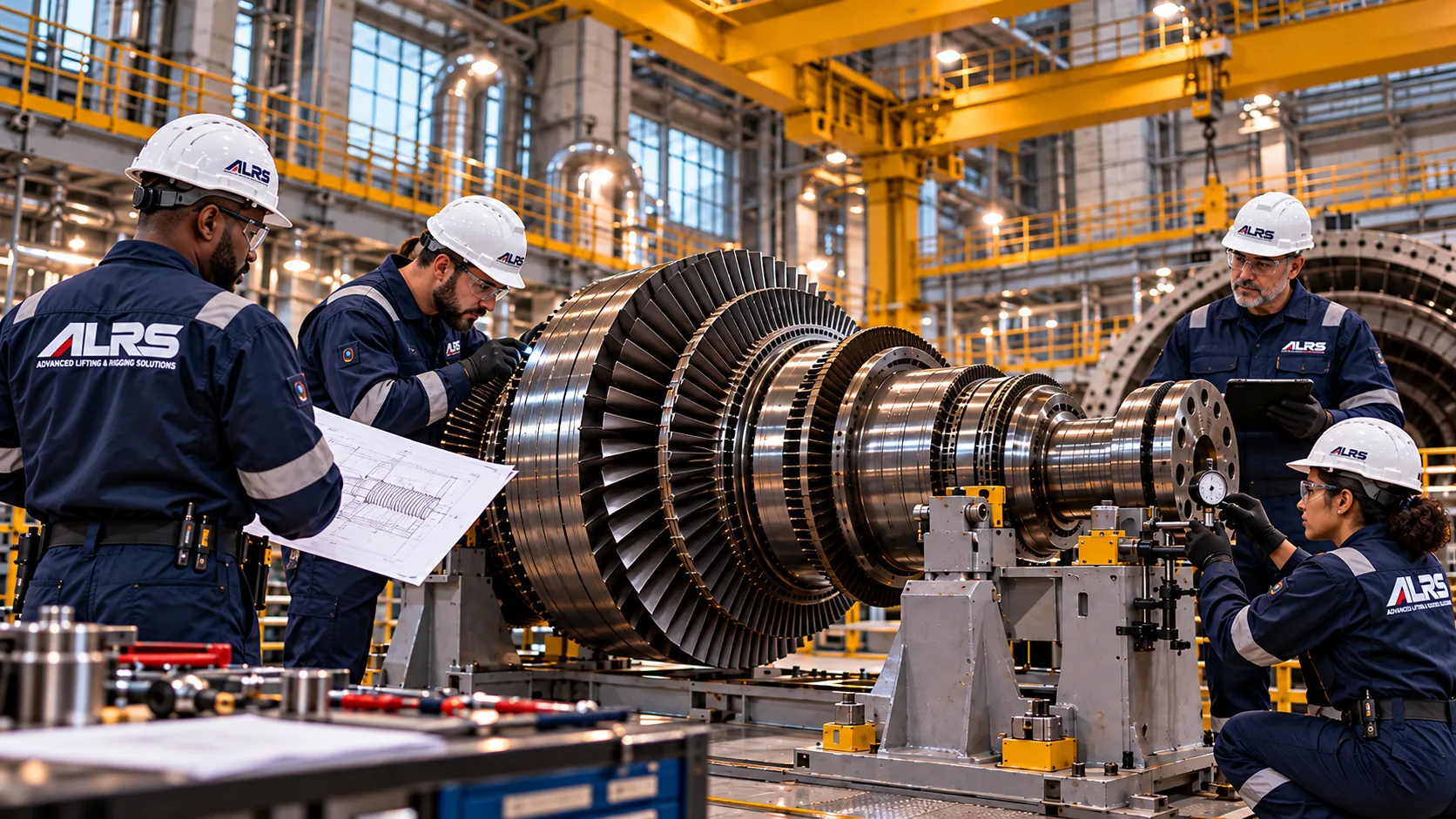 AI-generated illustration of personnel inspecting a turbine rotor held in a stand